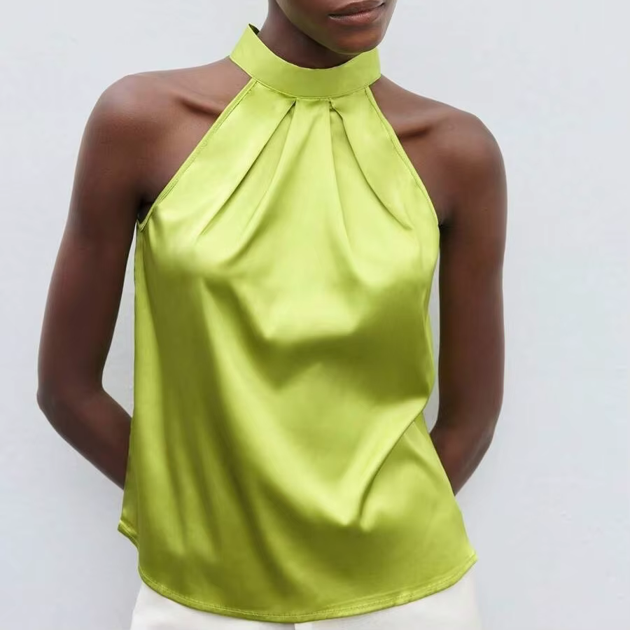 Hirigin élégant Satin licou cou débardeurs femmes sans manches couleur unie t-shirt basique culture hauts mode été fête Clubwear