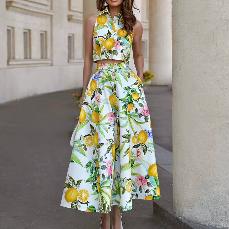 Ensemble 2 pièces élégant : Chemise sans manches à revers et boutons & Jupe longue taille haute imprimée avec poches – Tenue décontractée et tendance