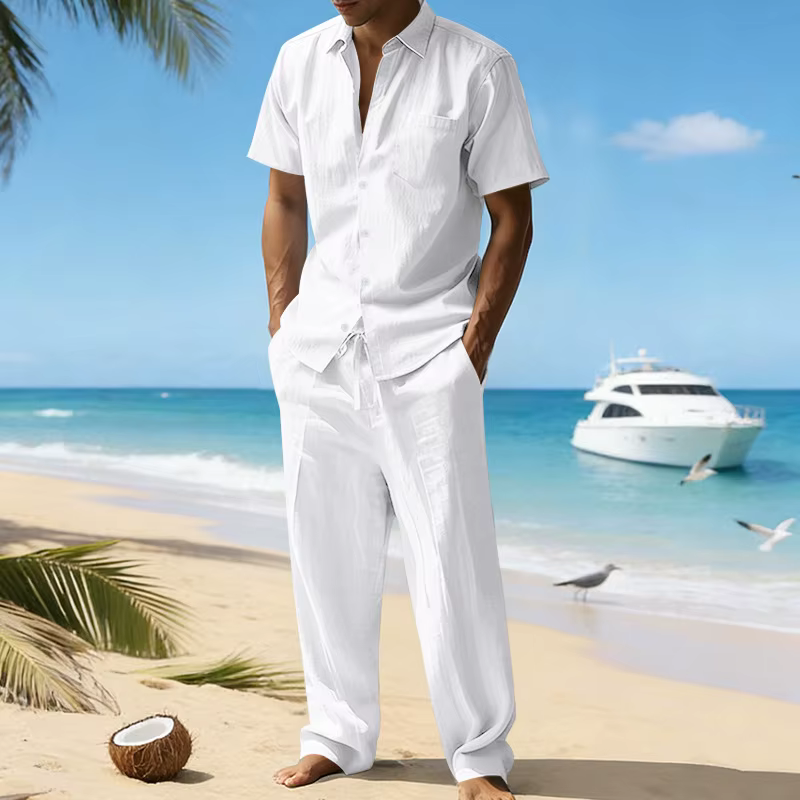Ensemble chemise à manches courtes en lin et pantalon décontracté pour homme