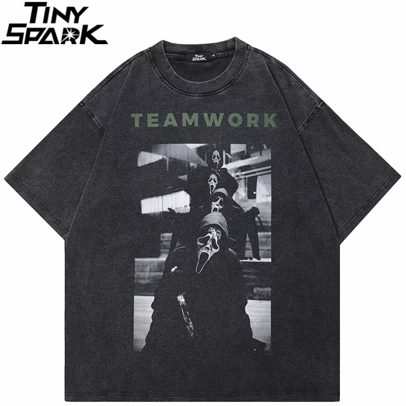 Rétro Vintage lavé noir T-Shirt Streetwear graphique travail d'équipe crâne fantôme