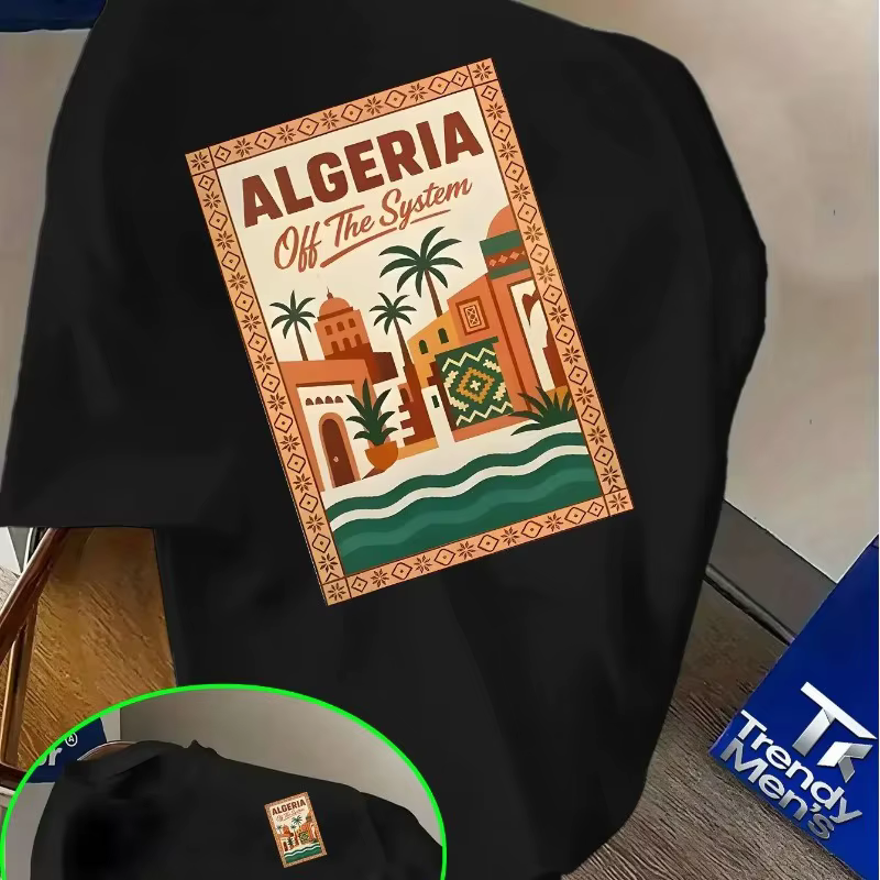 T-shirt rose à motif algérien pour homme - Texte audacieux « Algérie » et design paysage urbain désertique