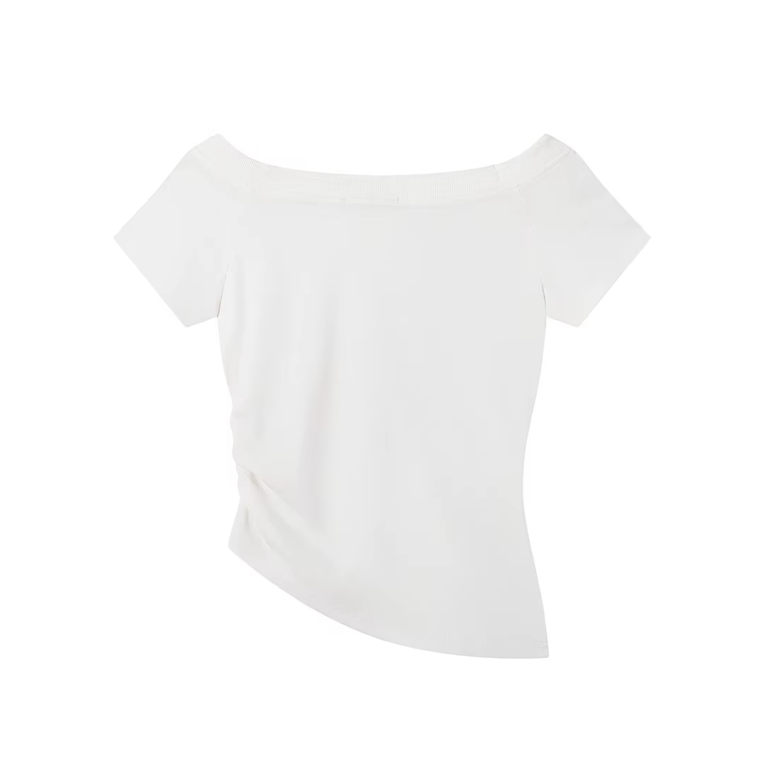T-shirt à épaule dénudée BF.BORFEND style rétro américain pour femme, imprimé tendance, taille cintrée, manches courtes en coton
