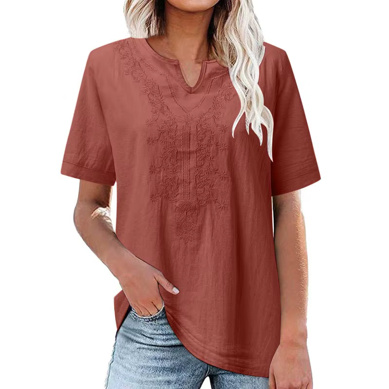 T-shirt décontracté ample à manches courtes en lin et coton brodé avec col en V et poche pour femme