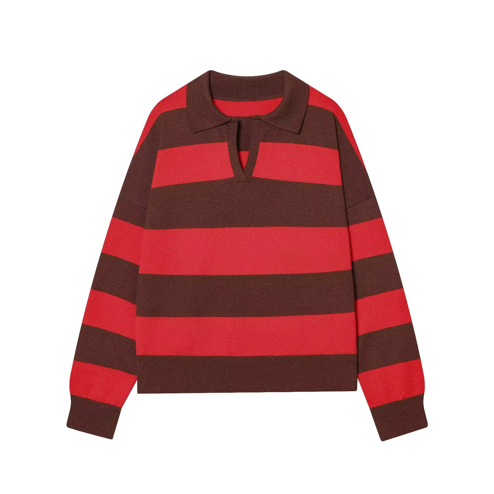 Nouvelle Arrivée Hiver – Pull Tricoté à Col Polo Rayé à Manches Longues – Style Décontracté Confortable en Fibre de Polyester Coupe Ample