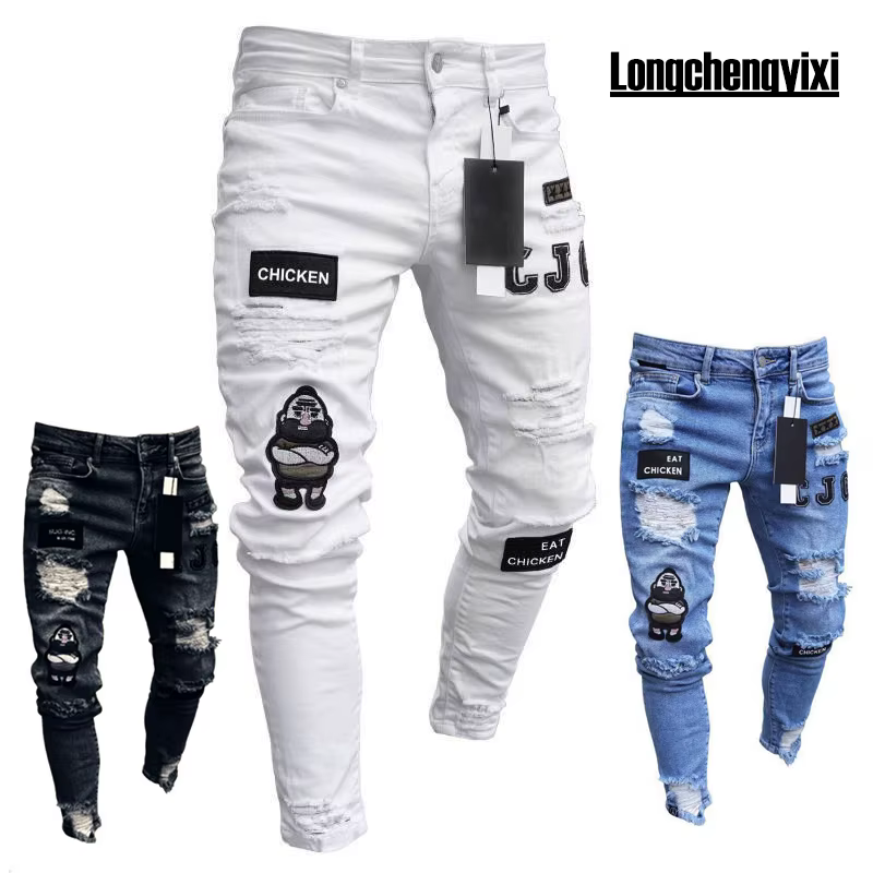 Hommes jean genou trou déchiré Stretch maigre Denim pantalon couleur unie noir bleu automne été Hip-Hop Style Slim Fit