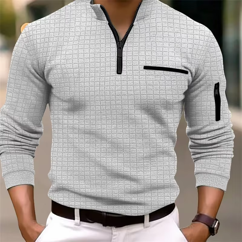 Nouvelle chemise POLO rayée à manches longues pour hommes avec col zippé