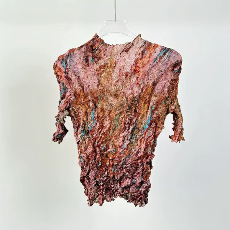 T-shirt Miyake 2026 – Nouvelle collection été – Haut plissé irrégulier fait main – Décontracté