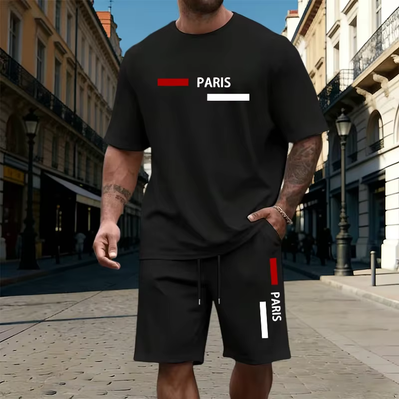 Ensemble homme imprimé Paris 2026 : T-shirt en coton et short à séchage rapide – Tenue décontractée estivale