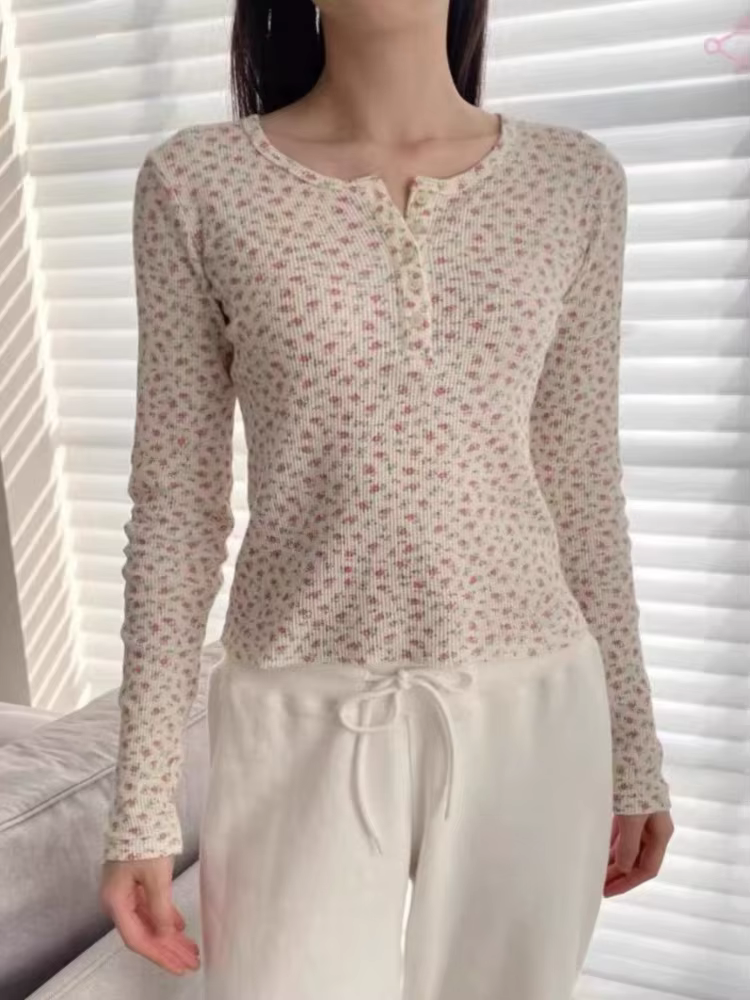 T-Shirt à manches longues gaufré à fleurs roses pour femmes
