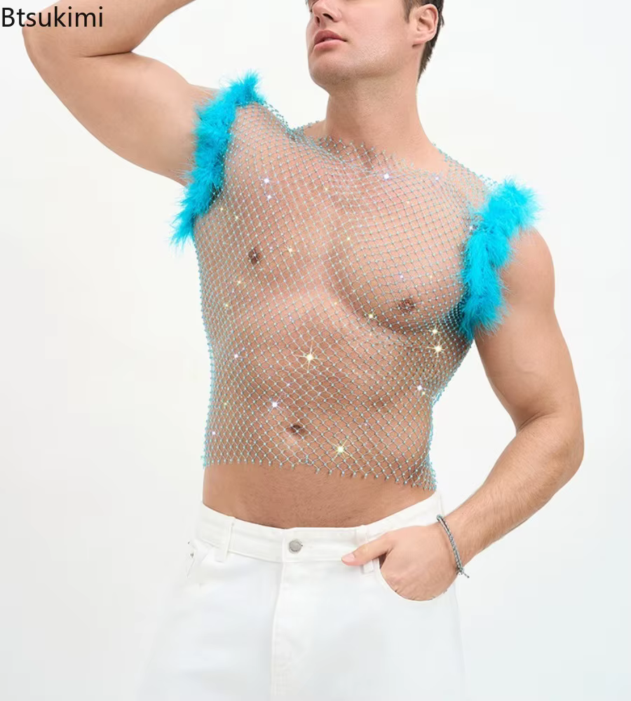 Nouveauté 2026 Débardeurs courts sexy pour hommes en résille à strass