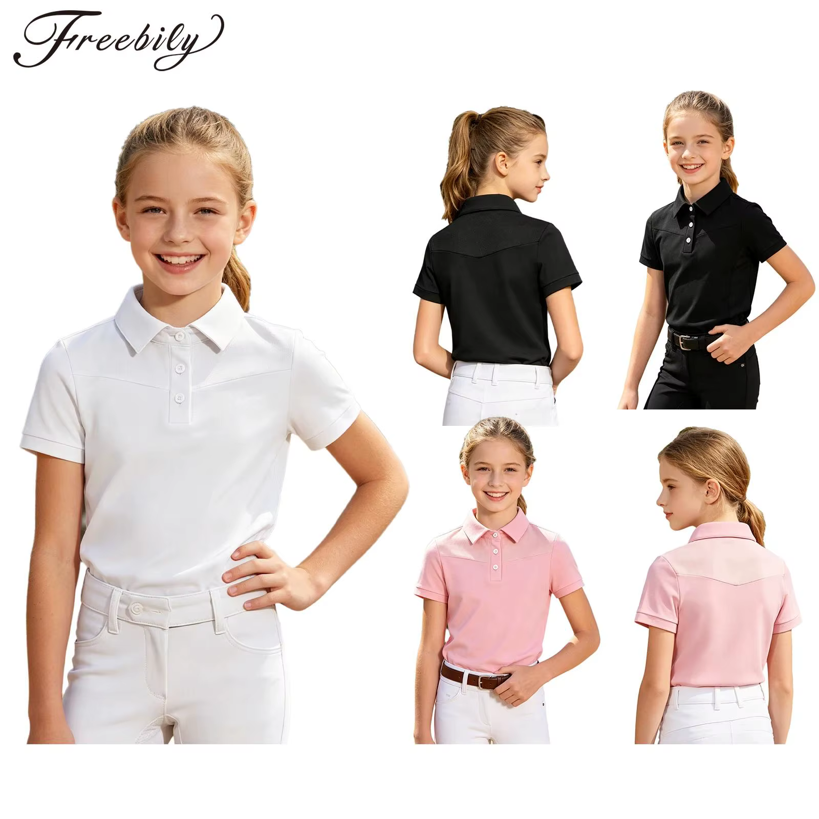 Chemises d'équitation pour filles, manches courtes, col rabattu, fermeture à boutons, design t-shirt, costumes d'équitation, hauts de sport