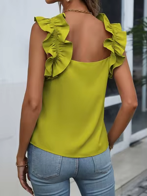 Débardeur à volants vert citron pour femme, col carré, sans manches, ourlet incurvé, tenue décontractée d'été