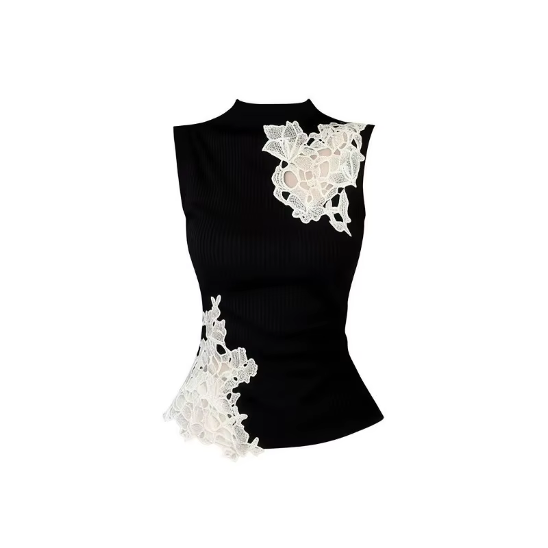 Nouveau débardeur noir en dentelle patchwork sans manches pour femme