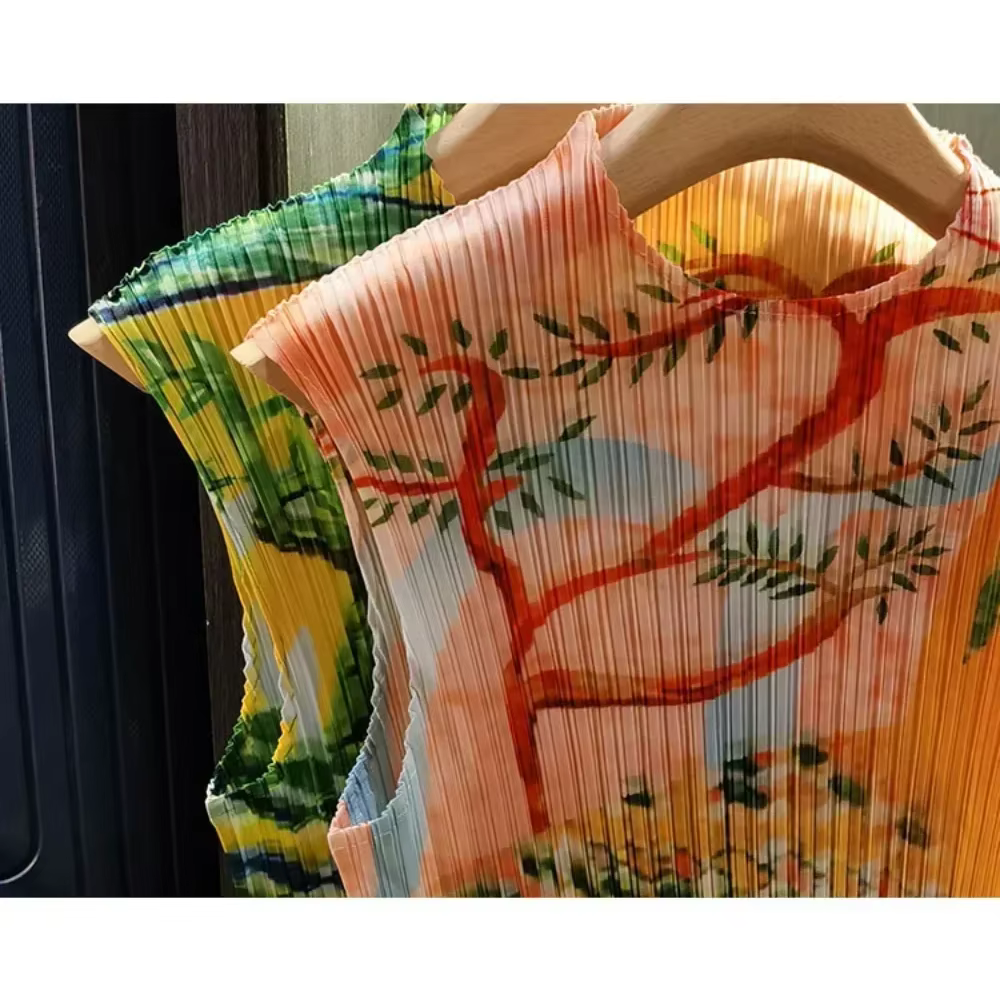 Plisceaux conception originale T-shirt 2025 été plissé fleur imprimé hauts décontracté mode apparaître mince ample rétro femmes vêtements