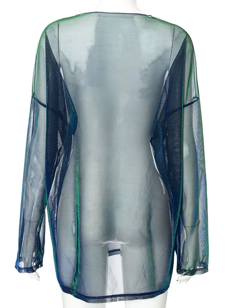 T-shirt à manches longues à col rond transparent pour femmes