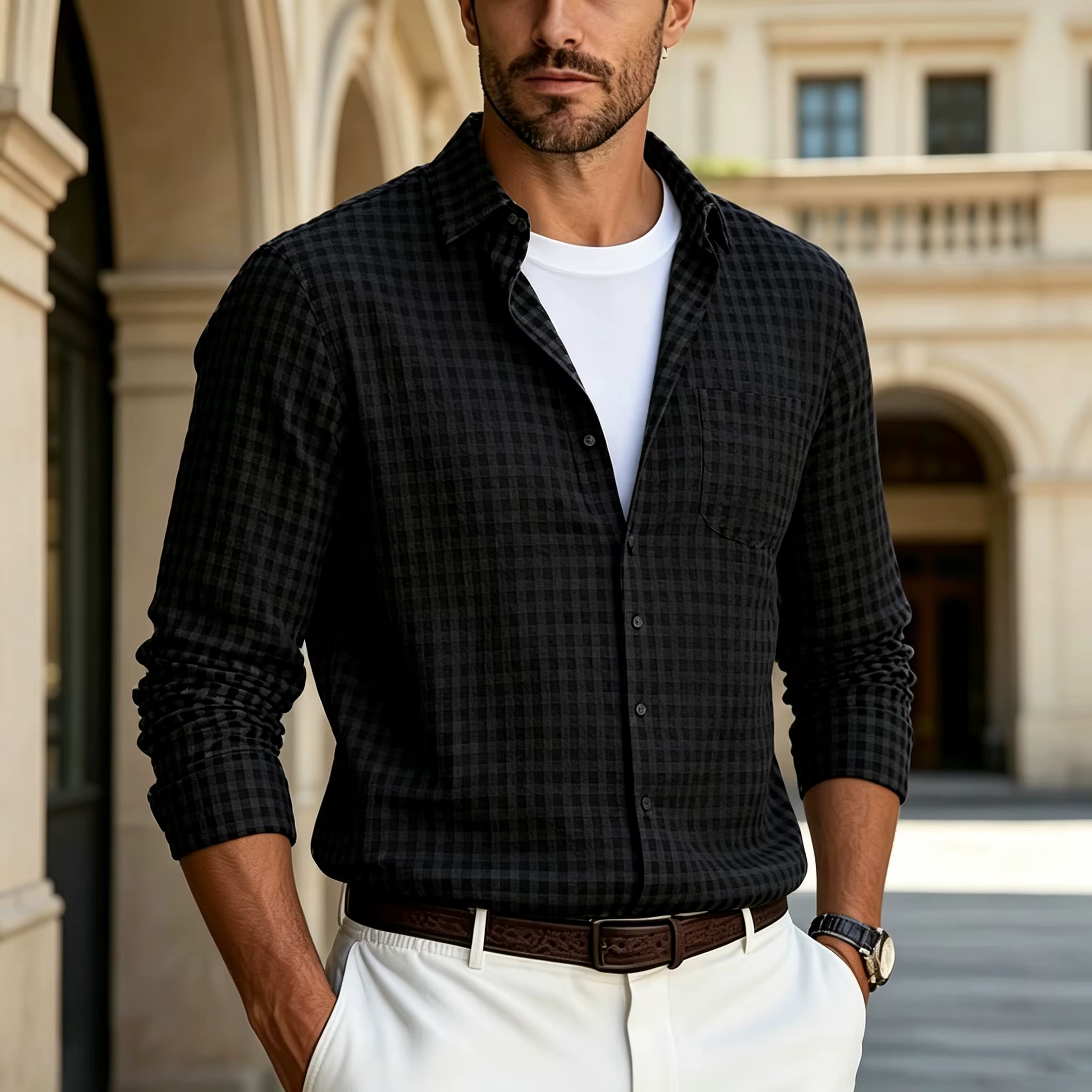 Chemise à carreaux fins à manches longues pour homme
