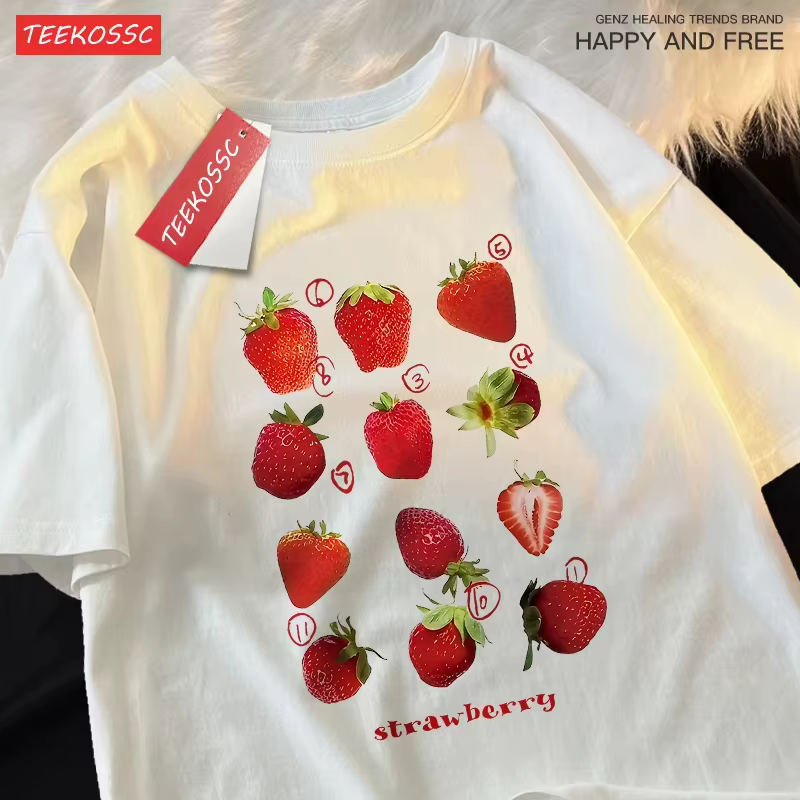 12 Types fraise impression hommes femmes 100% coton t-shirts mode d'été Harajuku lâche