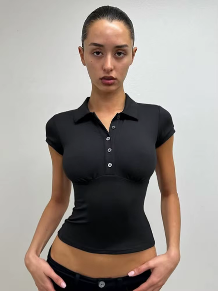 Col rabattu t-shirts pour femmes Streetwear à manches courtes haut court Y2k vêtements boutons t-shirt solide Camisetas mince Ropa Mujer