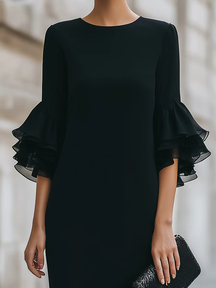 Robe midi à volants à trois quarts de manche pour femmes
