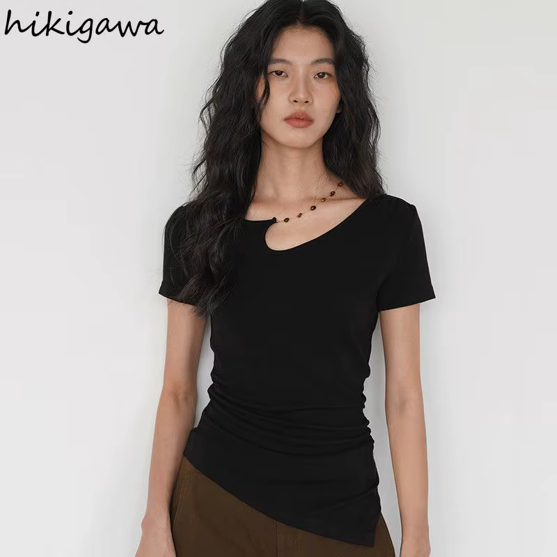 T-shirts Femme Noire 2026 – Tunique à Manches Courtes en Coton Y2K – Hauts Décontractés et Sexy pour l'Été – Style Coréen – Camisetas