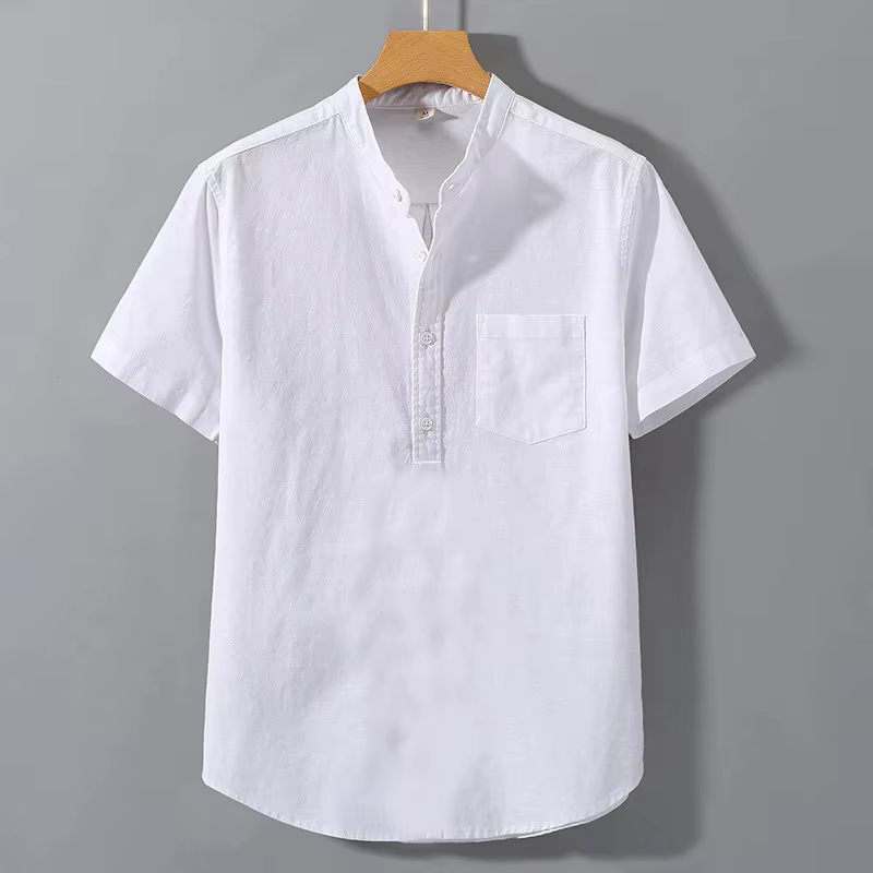Nouveaux hommes à manches courtes t-shirts couleur unie col montant chemise été à la mode respirant ample jeunesse basique coton poche haut