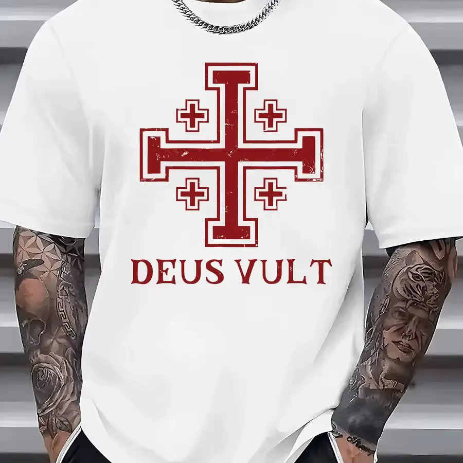 T-shirt graphique médiéval croix de Jérusalem Deus Vult pour homme