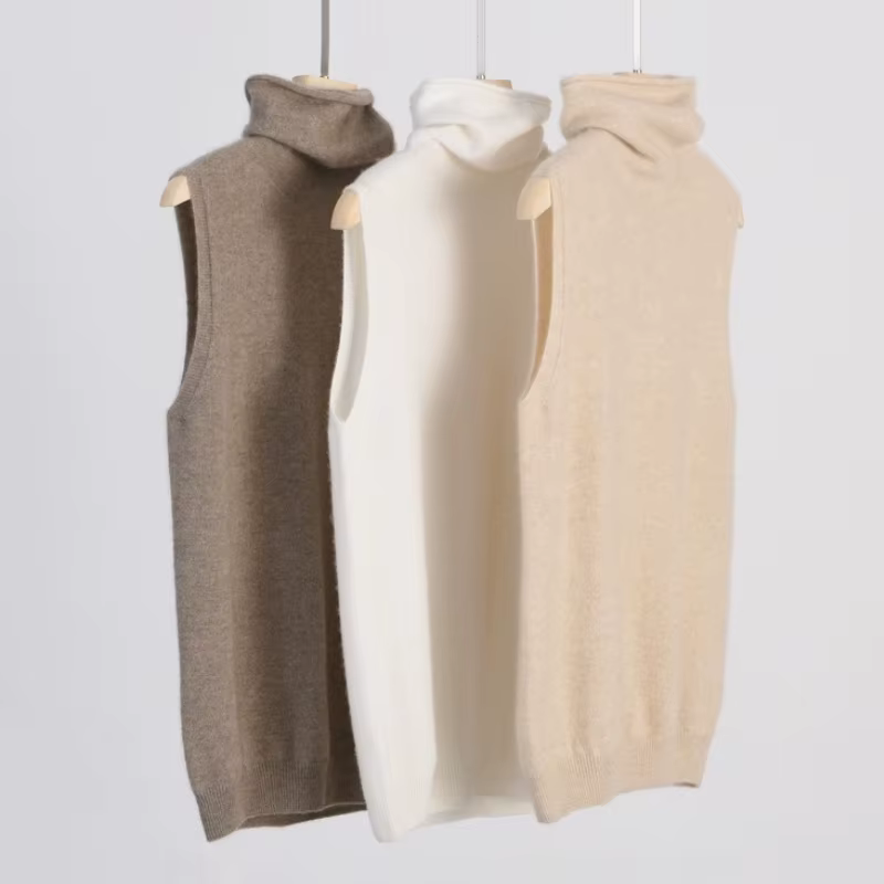Femmes 100% laine mérinos pulls sans manches col roulé pull gilet