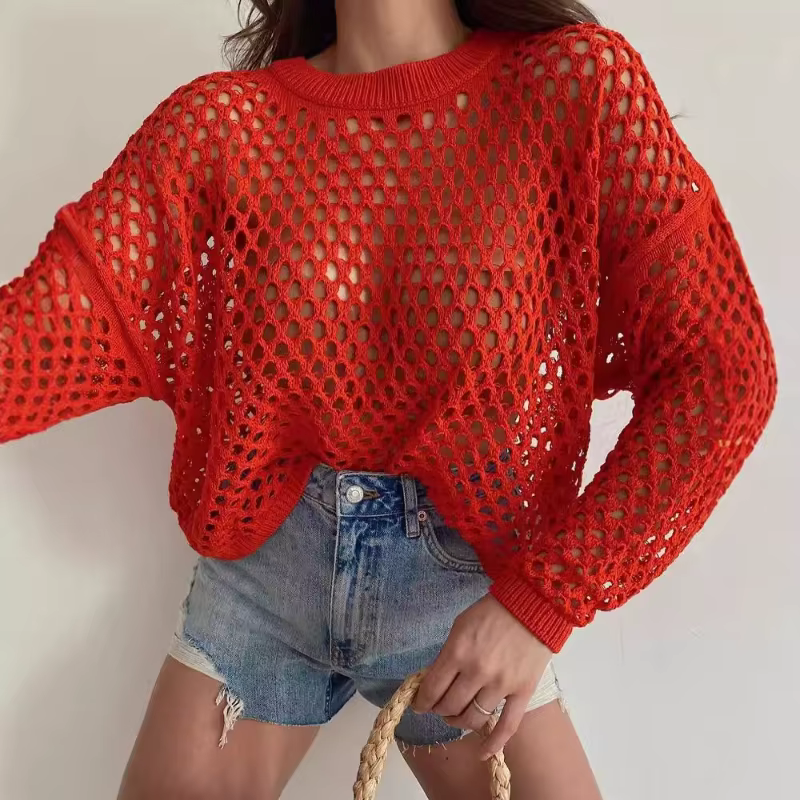 Pull ample à manches évasées et col rond pour femme, tricot ajouré