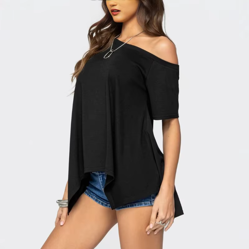 T-shirt asymétrique à épaules dénudées pour femme, manches courtes, coupe ample, ourlet irrégulier, chemisier décontracté uni