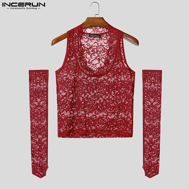INCERUN hommes débardeurs dentelle voir à travers col en V sans manches avec manches hommes gilets Sexy Streetwear fête mode unisexe hauts S-3XL