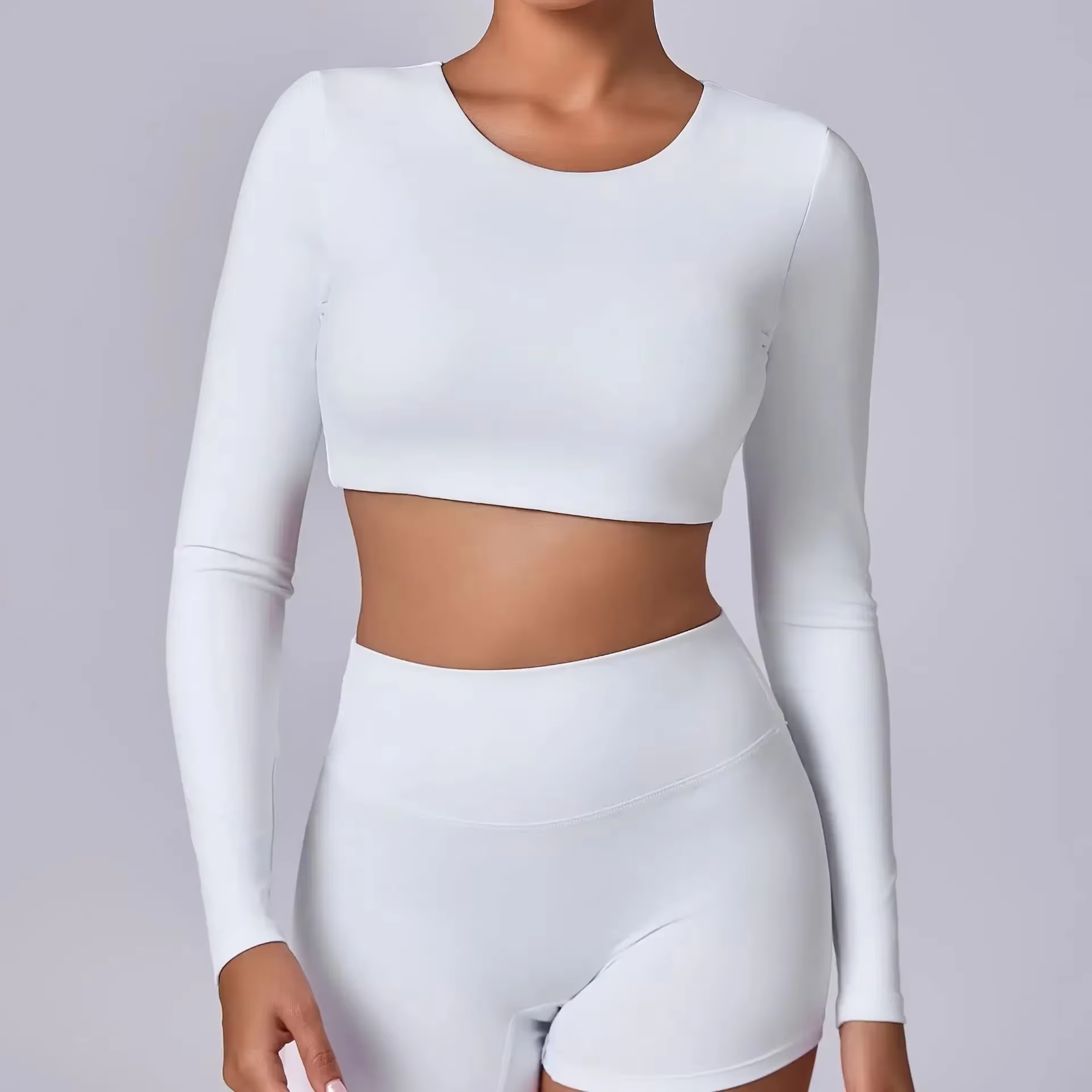 Crop Top Femme Manches Longues 2026 – T-shirt de Sport Rembourré Push-Up pour Gym et Yoga – Noir