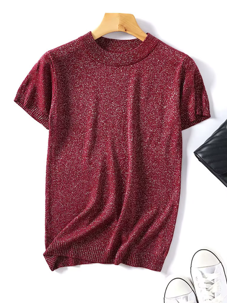 Pull en maille Lurex brillant 2026 Printemps-Été à col rond