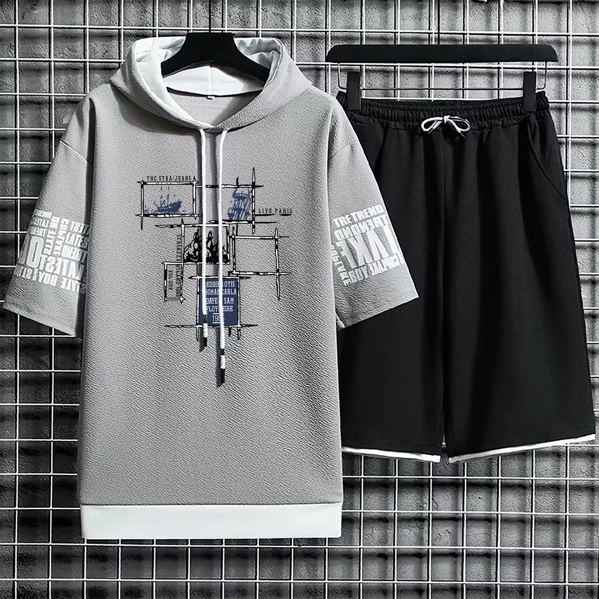 Ensemble de sweats à capuche College à manches courtes pour hommes