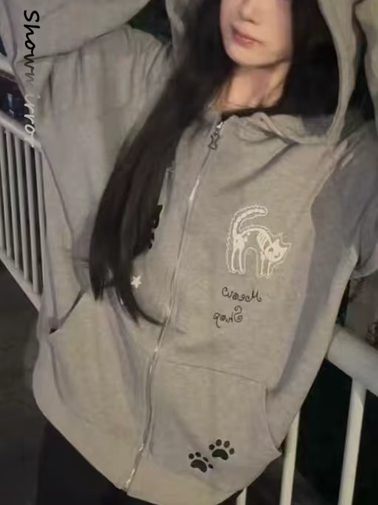 Sweat-shirt court gothique à capuche zippé pour femme