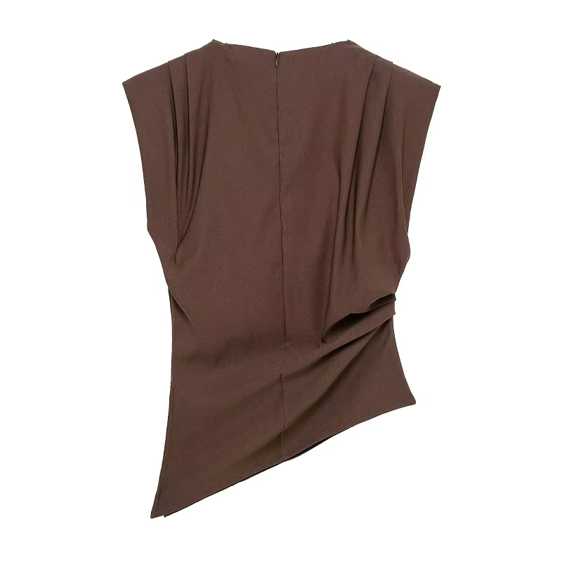 MUJER débardeur asymétrique femme froncé hauts sans manche pour femmes col haut