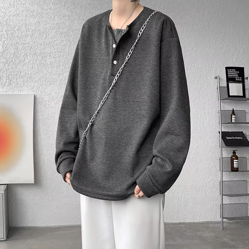 T-shirt à manches longues Henley pour homme, col rond, couleur unie, taille M-XXXXXL, 5XL, couche de base pour superposition