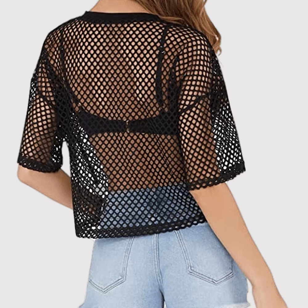 Résille lâche T-shirts Sexy col rond manches courtes évider noir recadrée t-shirt hauts MBN-W109