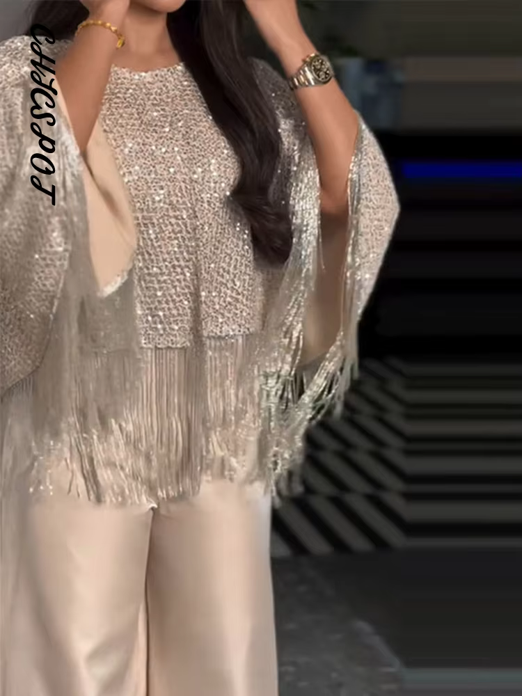 Tops châles oversize à sequins et franges pour femmes, col rond sexy, manches longues, brillants, coupe ample, capes chic pour soirées et clubs