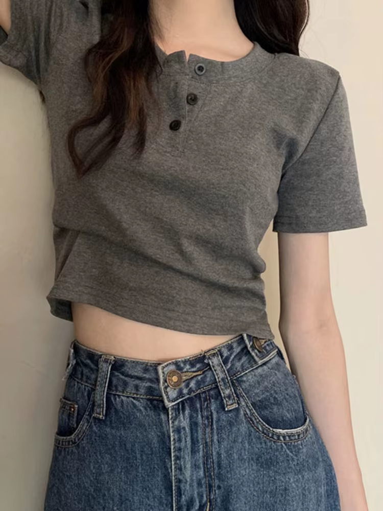 Femmes t-shirt bouton ouvert à manches courtes haut court dames vêtements 2024 solide basique