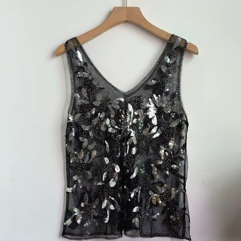 Paillettes perles Style français 2025 été nouveau gilet sans manches coupe ajustée Perspective Sexy Chic Ins mince débardeur ample