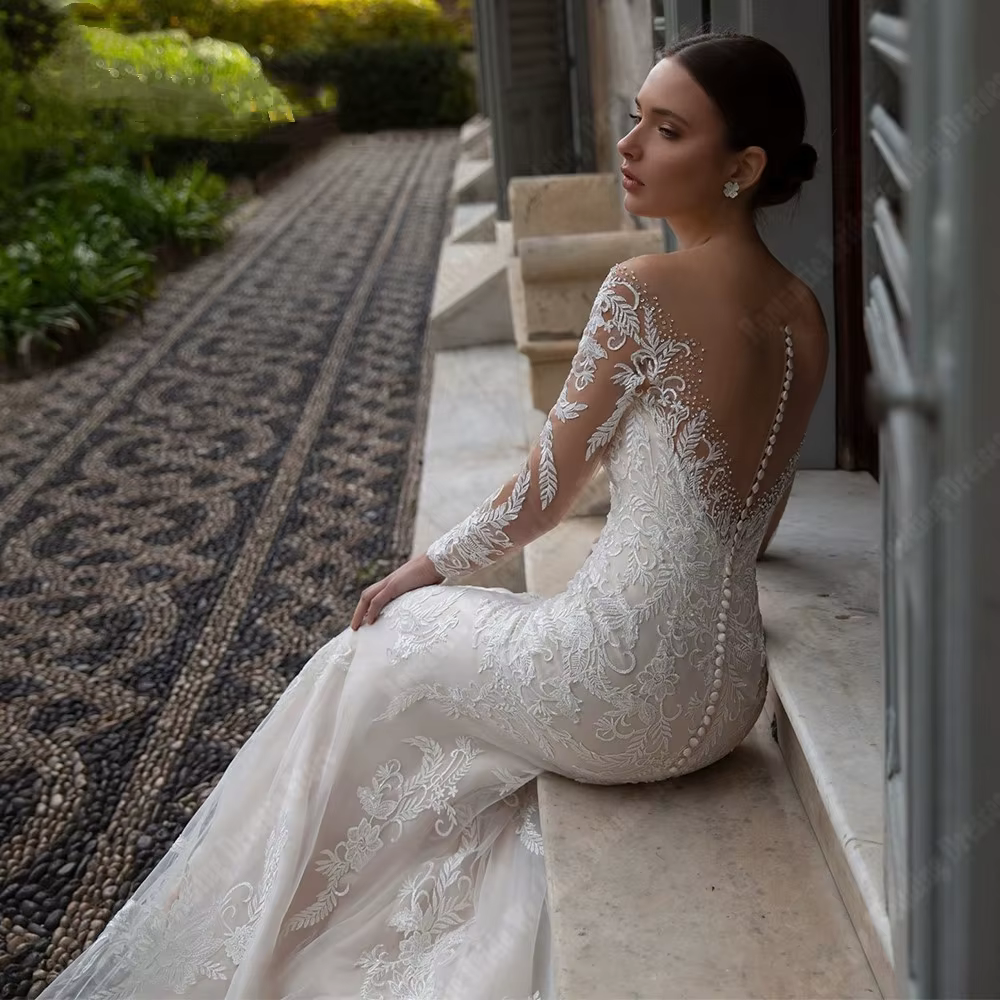 Robes de mariée sirène en dentelle à manches longues pour femmes, robes de Rhde princesse personnalisées, vêtements de célébrités populaires, patients, 2024