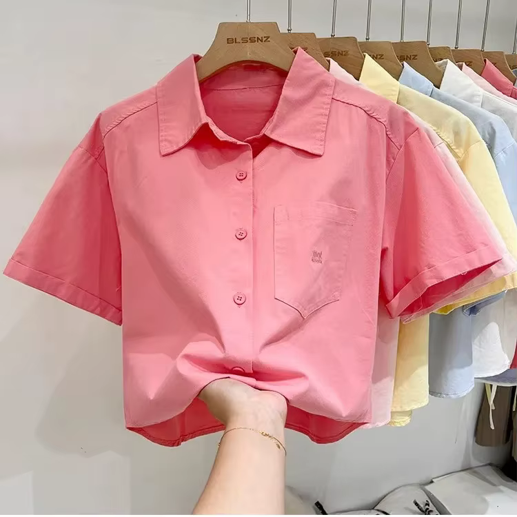 Été coton à manches courtes hauts femmes 2025 nouveaux cols Polo chemise courte brodée Blouses décontractées amples