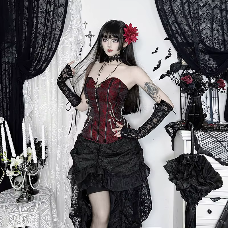 Nouveauté 2026 – Débardeur court vintage Y2K Dark Punk Grunge sans bretelles pour femme – Top bustier sexy ajouré style gothique pour l'été