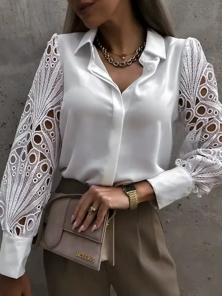 Blanc Sexy dentelle évider femmes Blouse automne printemps haut noir Vintage boutonné chemises à manches longues hauts