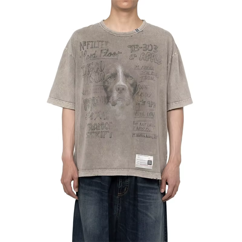 T-shirt à manches courtes pour hommes, col rond dégradé délavé, rétro, décontracté, ample, pour hommes