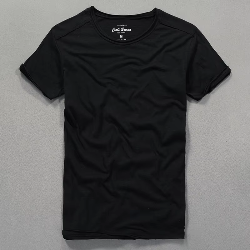 T-shirt col rond pour hommes en coton flammé en détresse mode d'été mince décontracté couleur unie col effiloché et