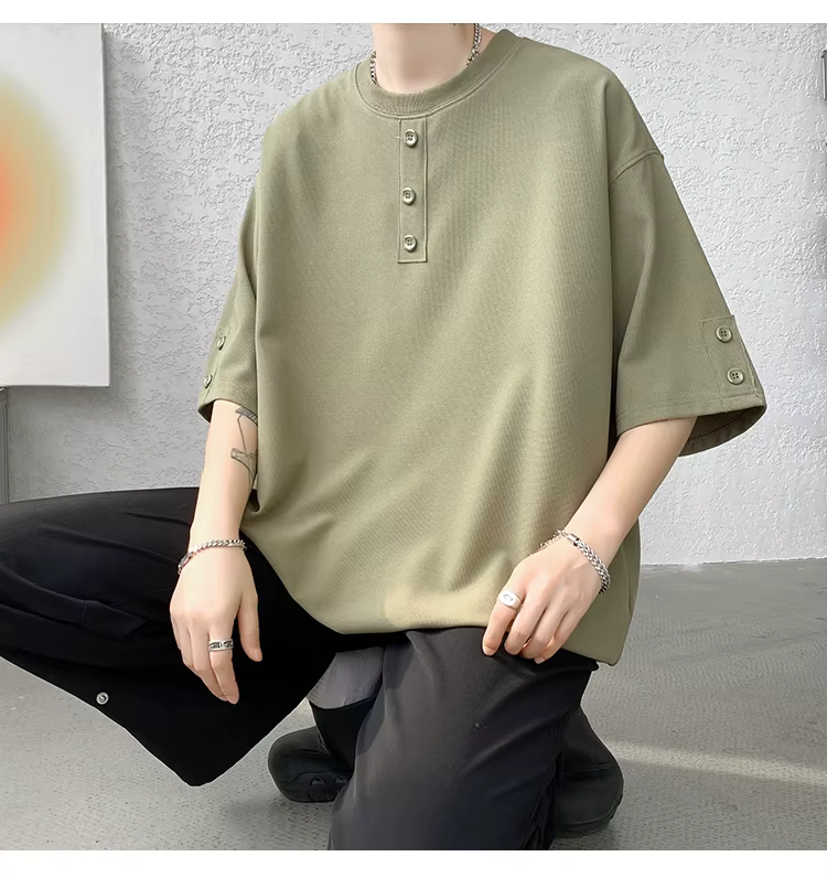 T-shirt hommes été boutons décor Hip Hop Streetwear mode T-Shirts haut surdimensionné T-Shirts hommes décontracté col rond demi manches t-shirt