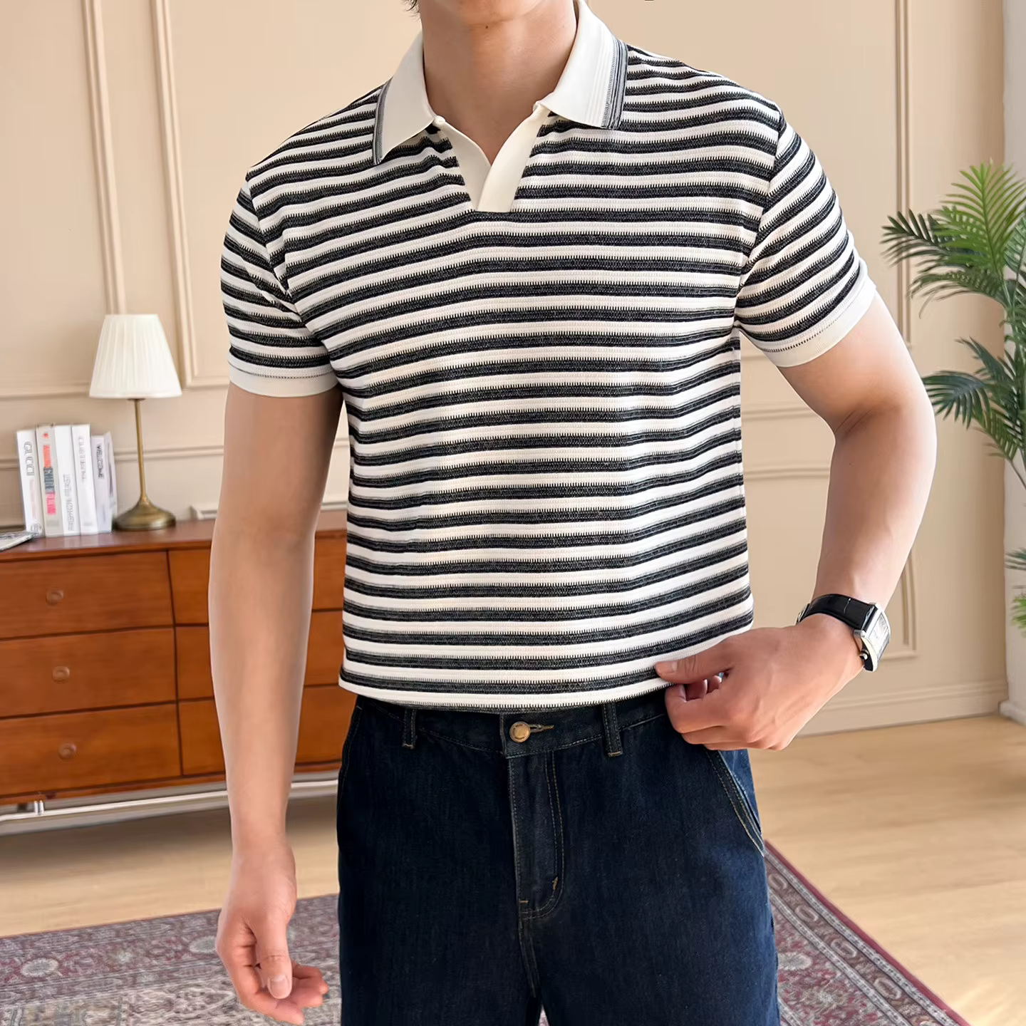 Polo rayé pour homme, T-shirt respirant à manches courtes avec col rabattable
