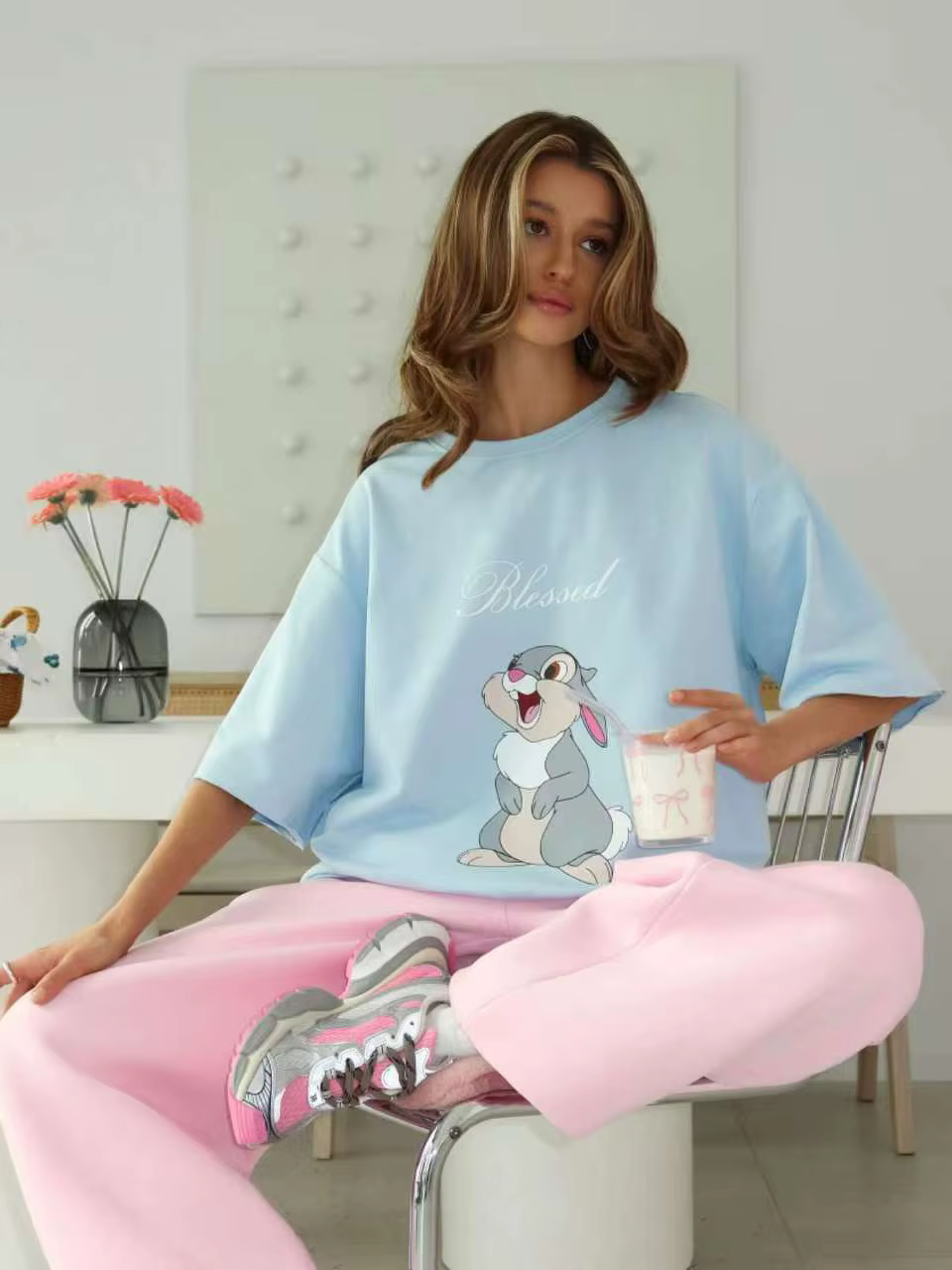 Kawaii lapin imprimé blanc 100% coton américain décontracté Streetwear femmes t-shirt à manches courtes col rond