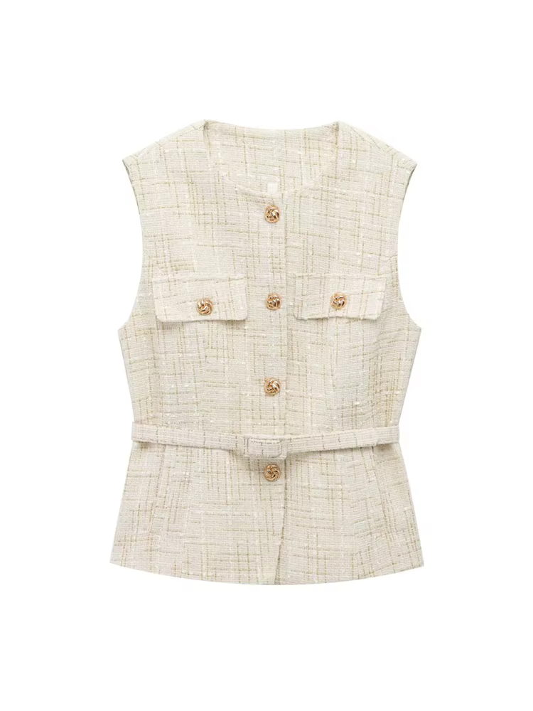 Gilet en Tweed avec ceinture pour femmes, col rond, sans manches, bouton sur le devant, vêtements d'extérieur pour femmes, hauts chics, à la mode